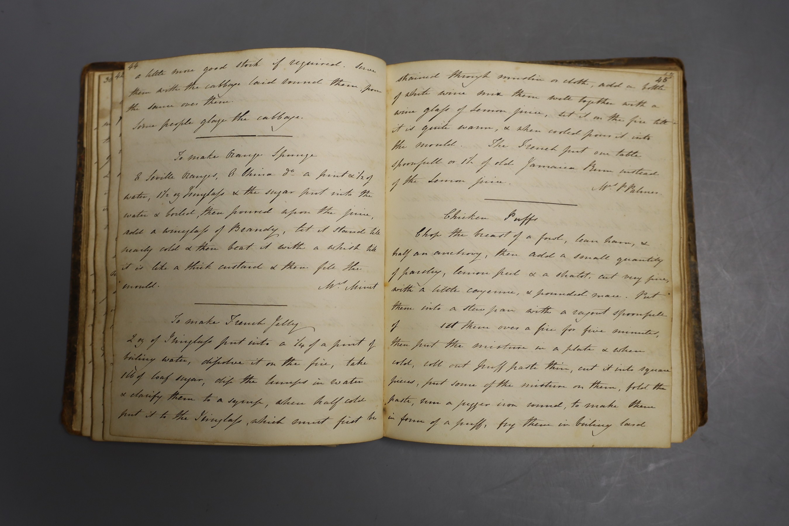 A late 19th/early 20th century hand written recipe book in leather binding